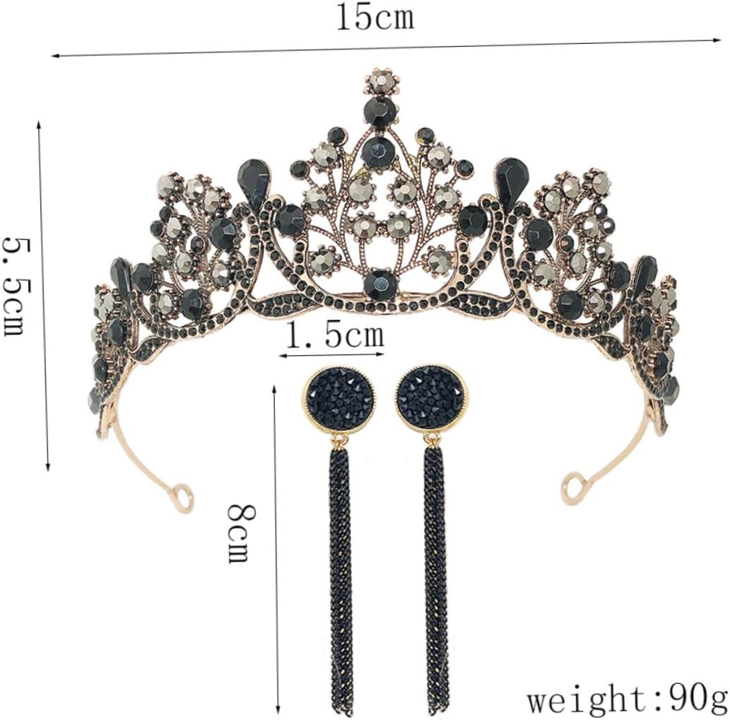 KOMBIUDA Baroque Vintage Black Tiara Crown Set with Earrings, Bridal Headwear for Women, 3pcs Queen Birthday Hair Accessory for Weddings and Special Occasions