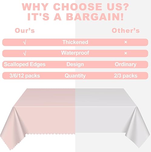 Miniatura 2 de Paquete de 6 manteles de plástico rosa claro, manteles de fiesta de 54 x 108 pulgadas, manteles festoneados rosas para mesas rectangulares, fundas