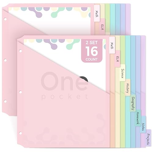 SKYDUE Pastel Binder Dividers with Pockets – 8-Tab Durable Plastic Dividers for 3-Ring Binder, Single Pocket File Organizers with Matching Label Stickers, 2 PCS