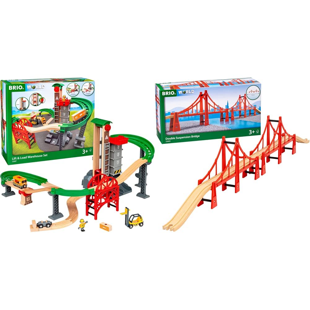 BRIO World 33887 Großes Lagerhaus-Set mit Aufzug - Zubehör für die BRIO Holzeisenbahn - Konstruktionsspielzeug empfohlen für Kinder ab 3 Jahren & World 33683 Hängebrücke