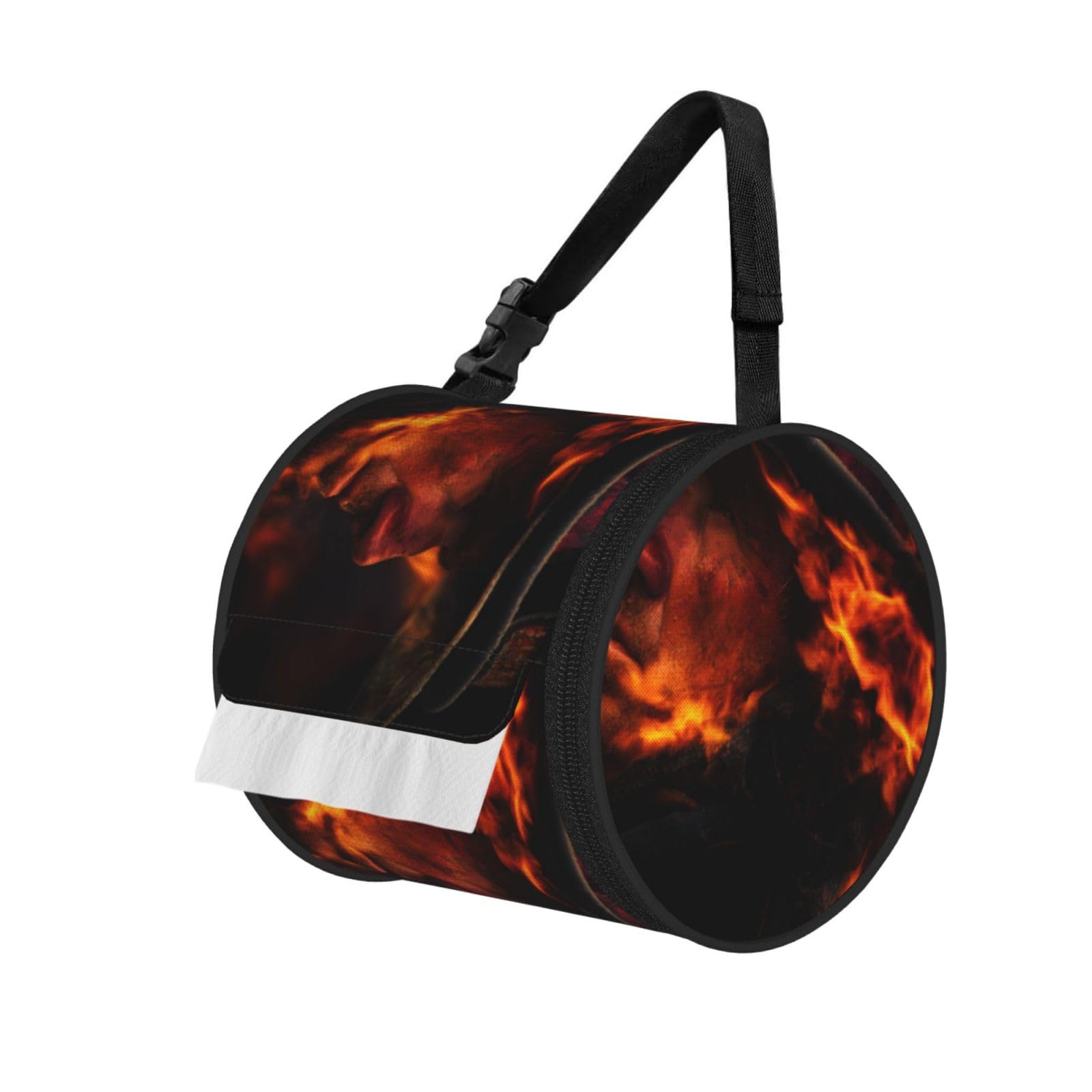 Firefighter Fireman Flame Printed Cylindrical Tissue Bag Portable Oxford Cloth, Foldable Travel Tissue Holder With Zipper And Adjustable Belt