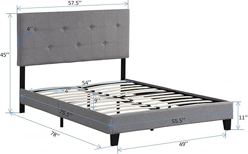 Miniatura 2 de Epinki Base de cama tapizada de tamaño matrimonial con cabecera moderna de tela de lino capitoné con botones, soporte de listones de madera, color