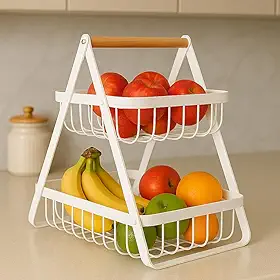 Fruteira de Mesa 2 Andares de Metal com Alça de Bambu – Cesta Organizadora de Frutas Decorativa para Cozinha e Sala (BRANCA)