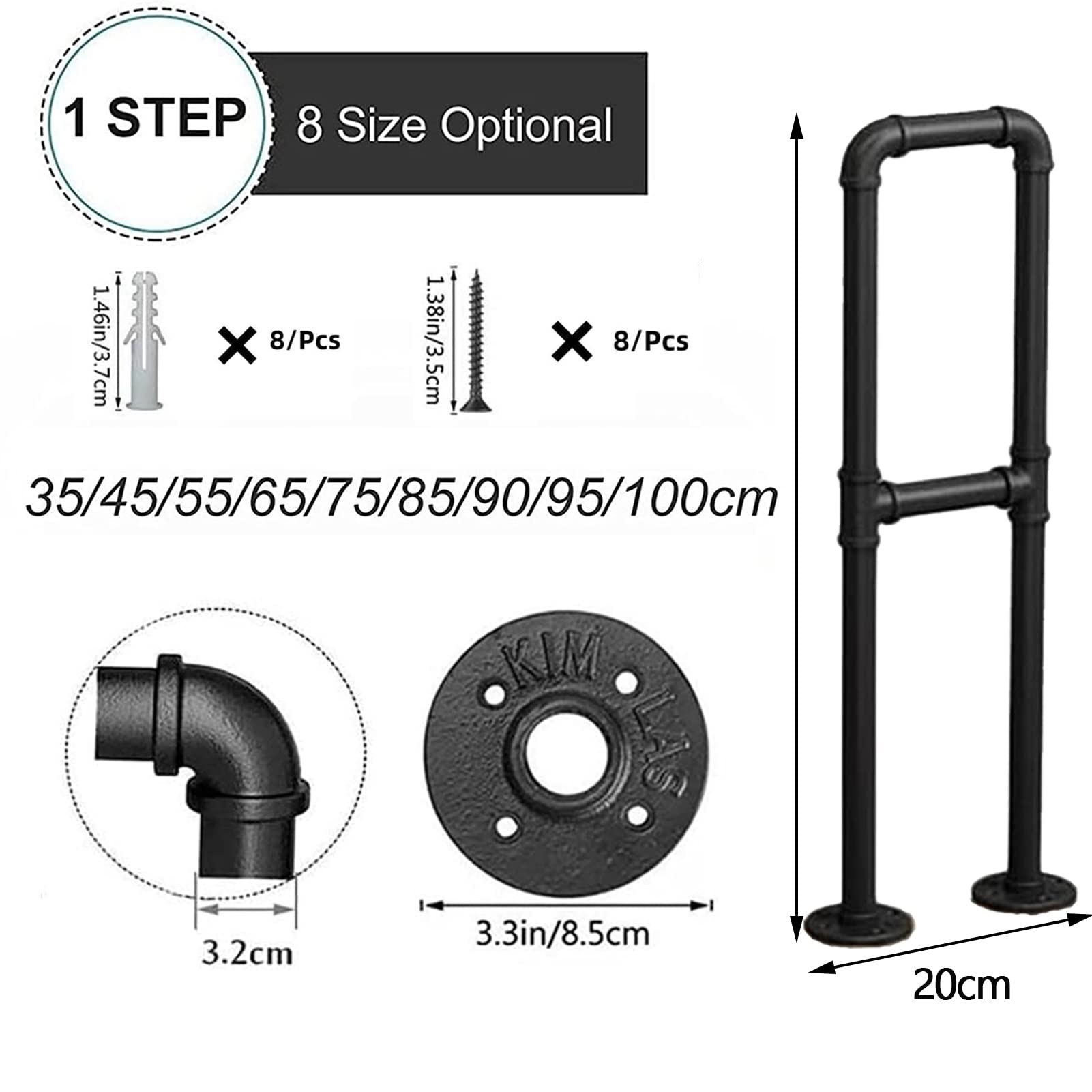 Corrimano per scale per gradini esterni, ringhiera in ferro battuto scala interna, barra di supporto per corrimano nero a forma di U per balconi, terrazza, corridoio da giardino (dimensioni: 35 cm)