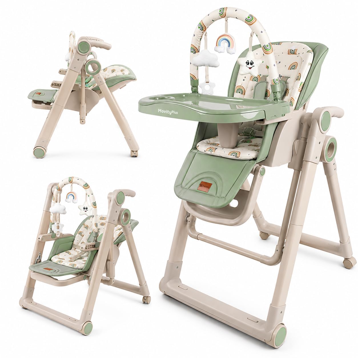 Twinly Movity Plus Trona Evolutiva Bebé 2 en 1 con Hamaca Balancín, Verde | Plegable, Ruedas con Bloqueo, Altura Ajustable, Arnés de 5 Puntos, Hasta 15 kg