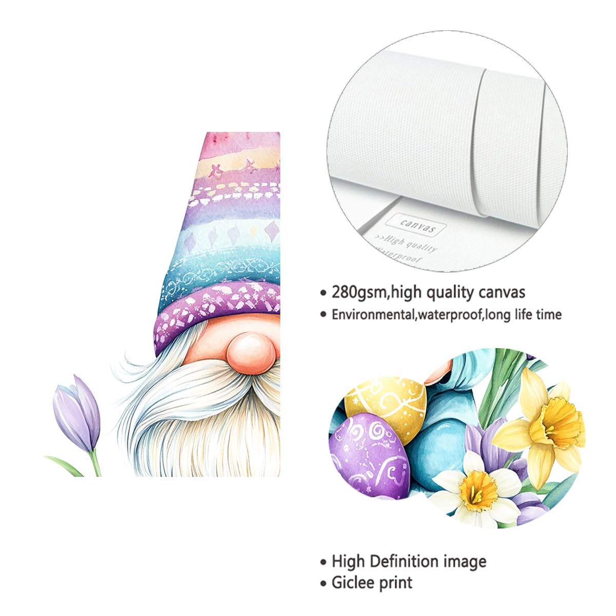 TOANGWALL Enanos vibrantes sosteniendo huevos Estampado en lienzo Flores moradas Imágenes Estampado Diseños pastel de sombrero Obras para biblioteca Salón Decoración del hogar 60x90cm