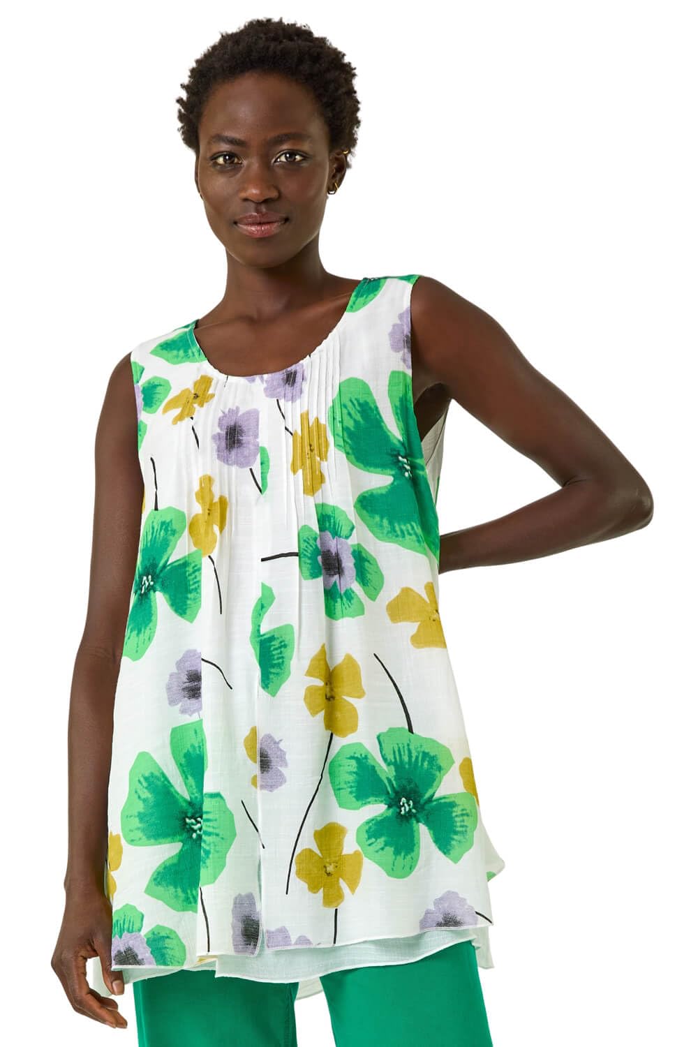 Roman Originals Women's Green Abstract Print Overlay Top For Uk - Everyday Holiday Spring Summer Round Neckline Comfy Soft Evening Vacation Work Party - Size 10