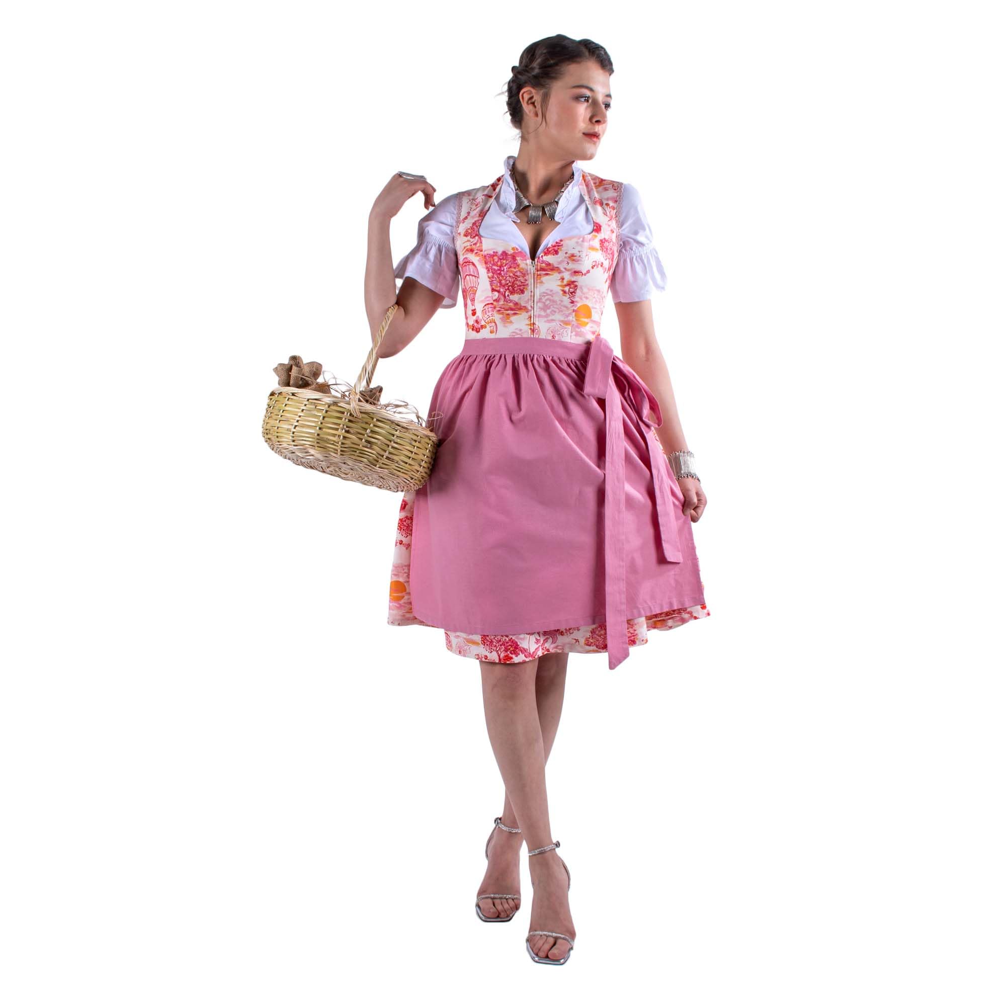 Dirndl Beige für Damen, Trachten Kleid Midi mit Schürze, Tracht Kleider Midi festlich mit elegante Dirndlschürze, Festliche Oktoberfest Kleidung elegant für Frauen, Mädchen Trachtenkleid