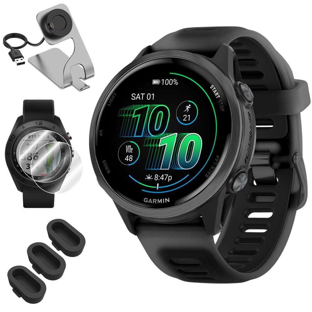Garmin 010-02970-00 Forerunner 570 42mm GPS Smartwatch, Aluminum and Black Band Bundle with Deco Essentials Charging Dock, 3X Silicone Dust Cover and 2X 1.2 Inch Screen Protector