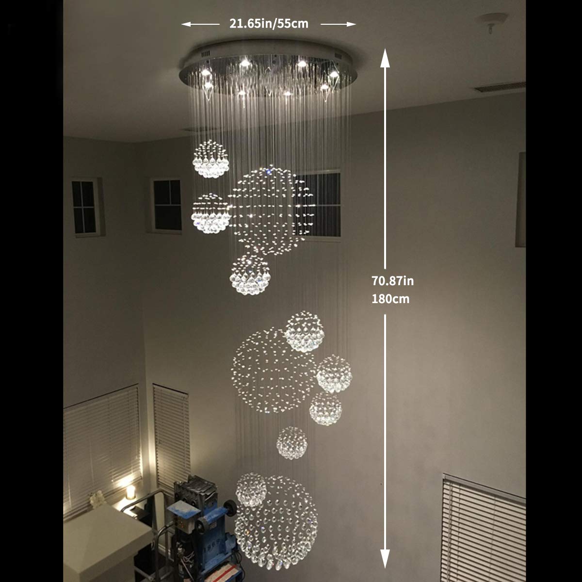 Staircase Chandelier, Luxury 11 Sphere Spiral Raindrop Crystal