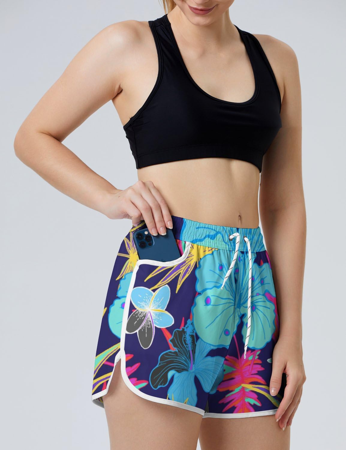 AYUNIX Women's Running Shorts with Pockets Quick Dry Performance Shorts for Women Hawaiian Flowers Athletic Workout Shorts White