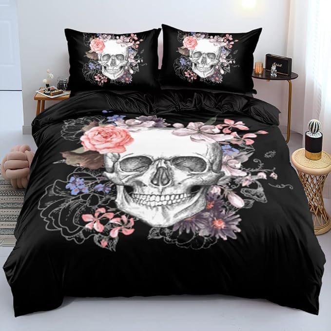 Classic Skull and Roses Duvet Cover Set Queen Size Gothic Skull Bedding Set Skeleton Bones Comforter Cover for Kids Adults Women Room Decor
