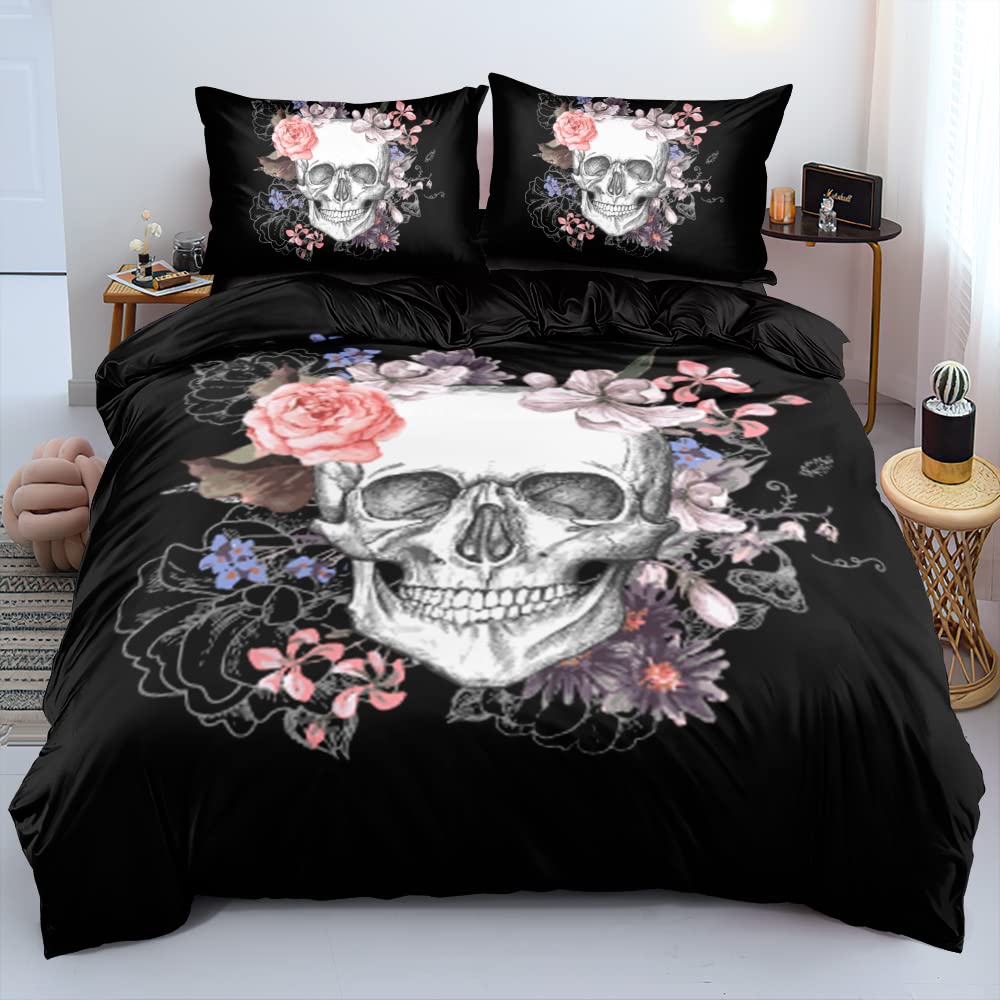 Holiyjog Classic Skull and Roses Duvet Cover Set King Size Gothic Skull Bedding Set Skeleton Bones Comforter Cover for Kids Adults Women Room Decor