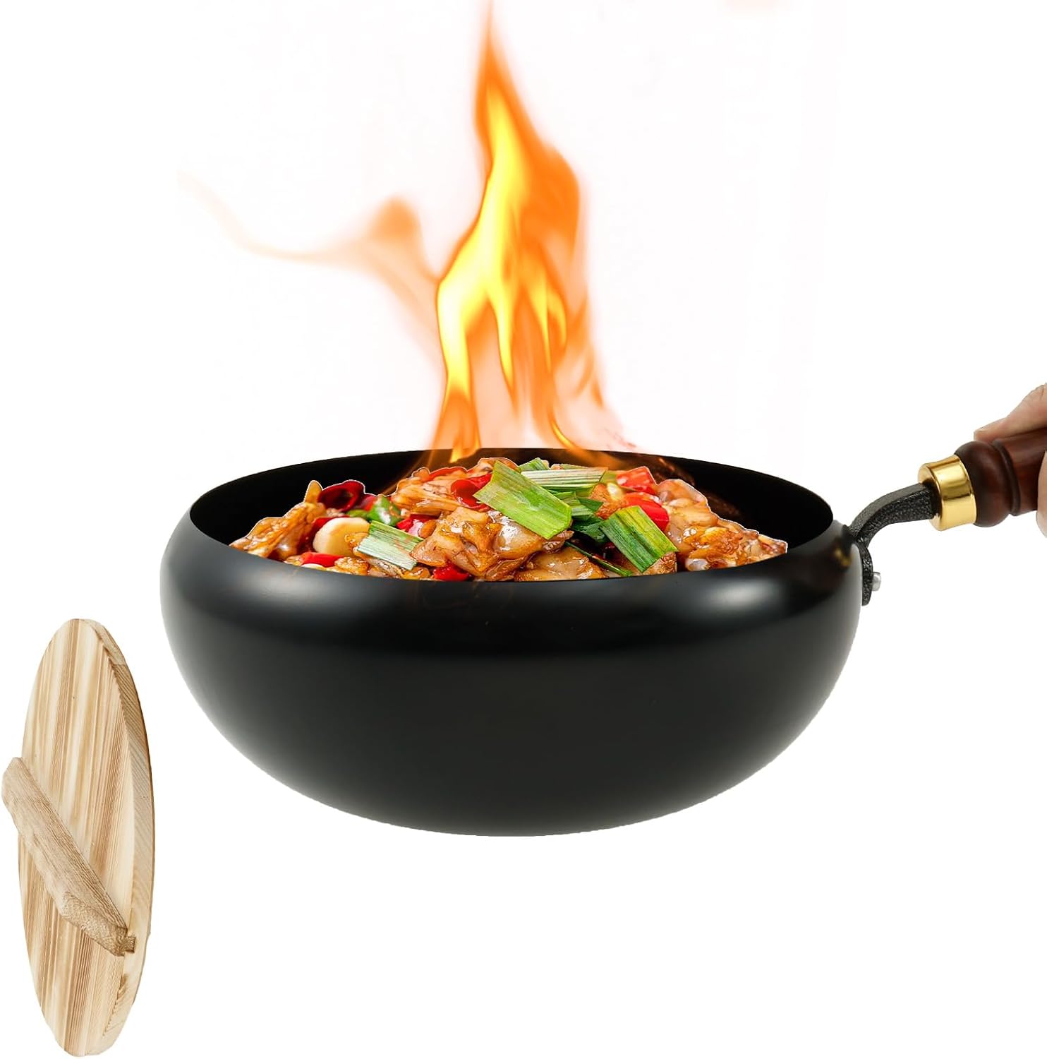 Frigideira wok de aço carbono não revestida com tampa de mad... - imagem principal do produto