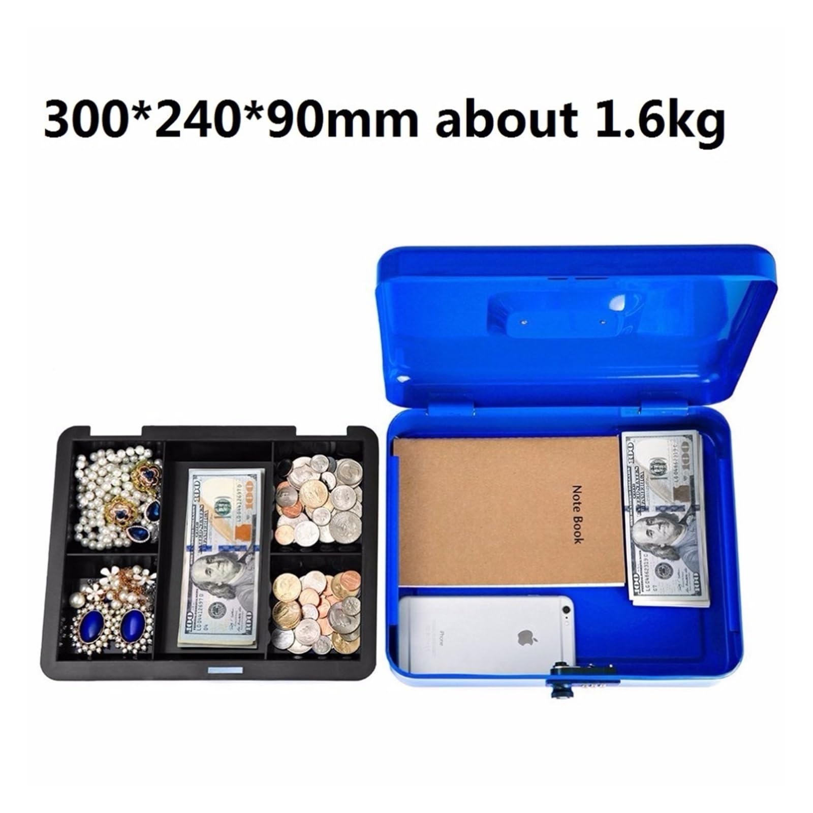 Caja fuerte con cerradura para llaves, almacenamiento impermeable, organizador, mini armario secreto para exteriores, 300 mm x 240 mm x 90 mm, acero con contraseña, con hucha de papel tamaño A4 p