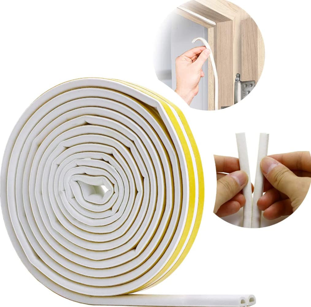 JKWINS Indoor Weather Stripping,Self Adhesive Foam Window Seal Strip for Doors and Windows Weatherstrip Gap Blocker Foam Weather Strip Door Seal Insulation D Type 5m (White)