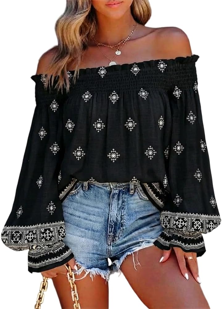 CHICME Women’s Boho Off The Shoulder Linen Blouse Long Lantern Sleeve Shirred Smocked Neck Frill Hem Vacation Clothes