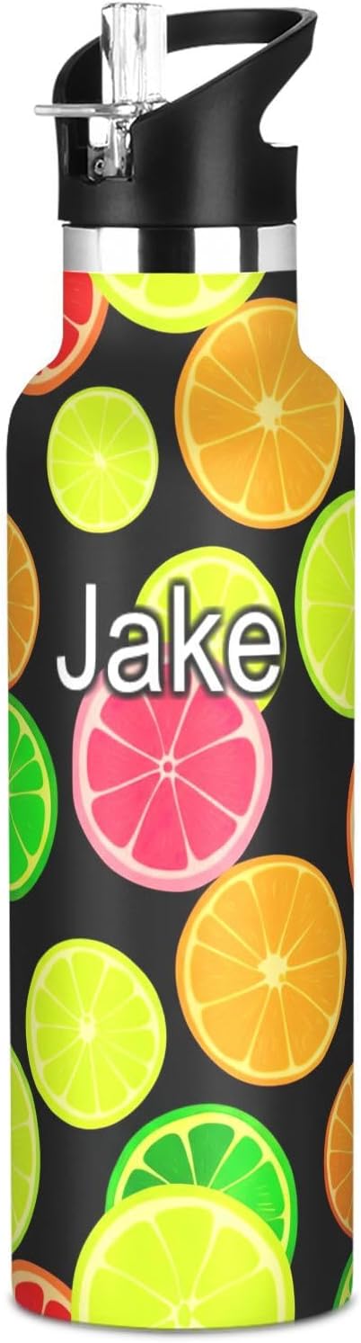 Botella de agua personalizada para niños, botella de 20 onzas para niños y niñas, sin BPA, rebanadas de frutas cítricas coloridas