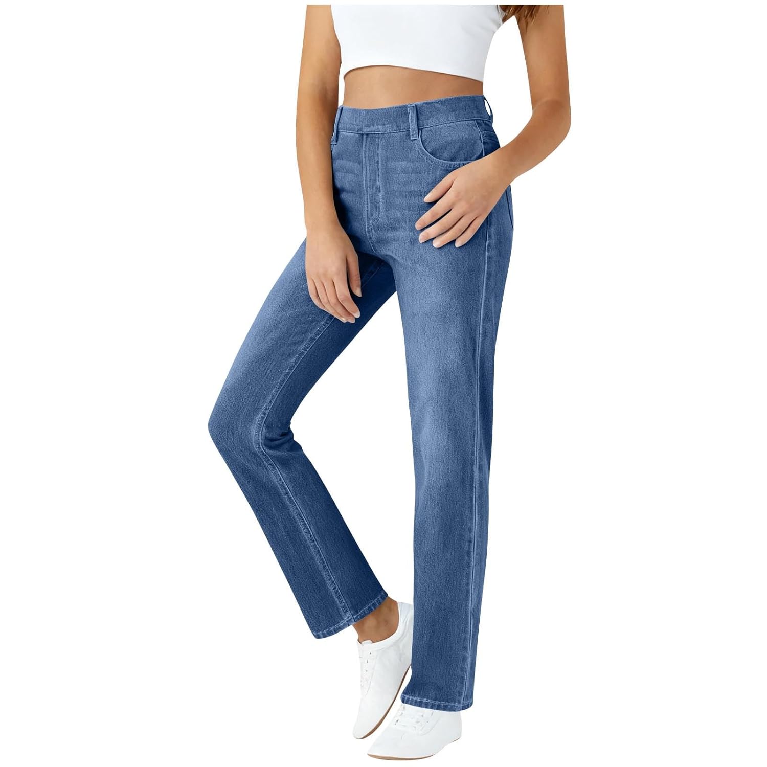 Womens Pull On Look Like Jeans Elastic Waist High Waisted Cropped Terry Sweatpants Straight Leg Stretchy Ankle Pants