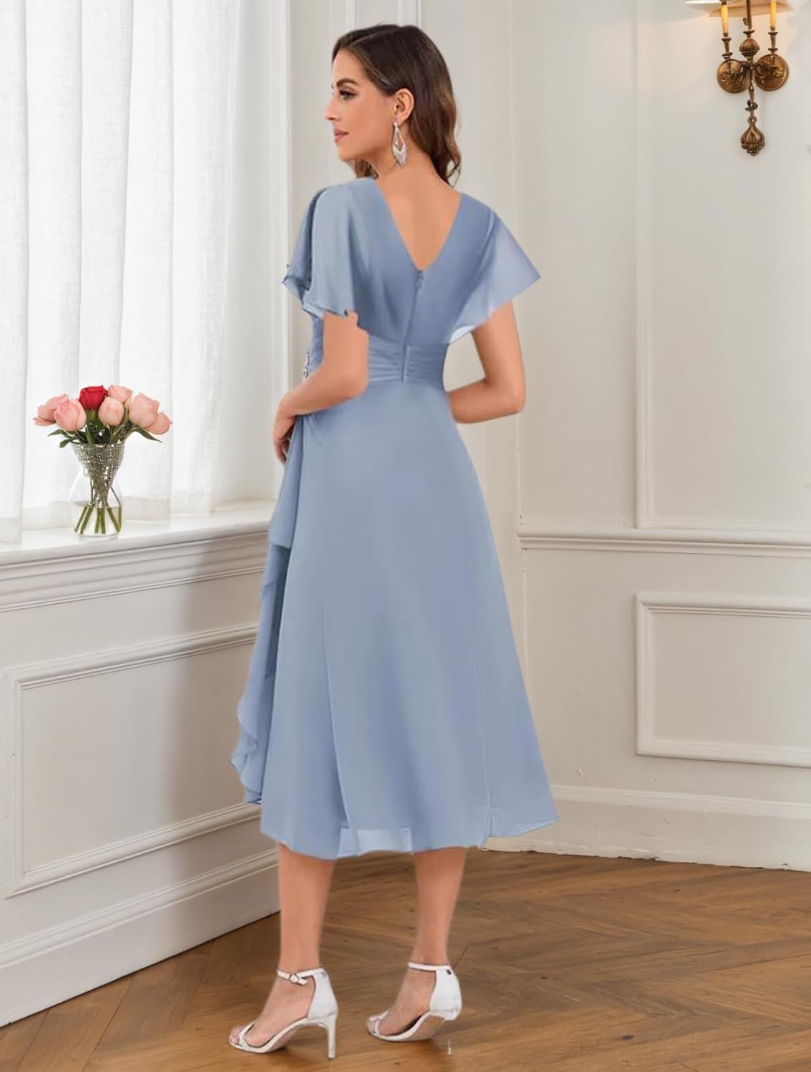 Chiffon Mother of The Bride Dresses for Women Tea Length Beading Short Sleeve Wedding Dresses for Guest