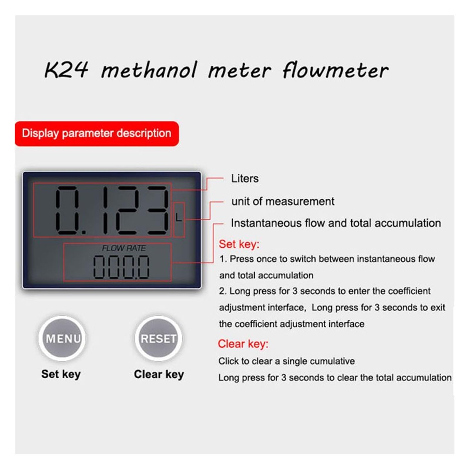 Medidor de flujo de agua, Medidor de flujo K24 aceite metanol, medidor combustible electrónico, rosca hembra digital(1 inch at both ends)