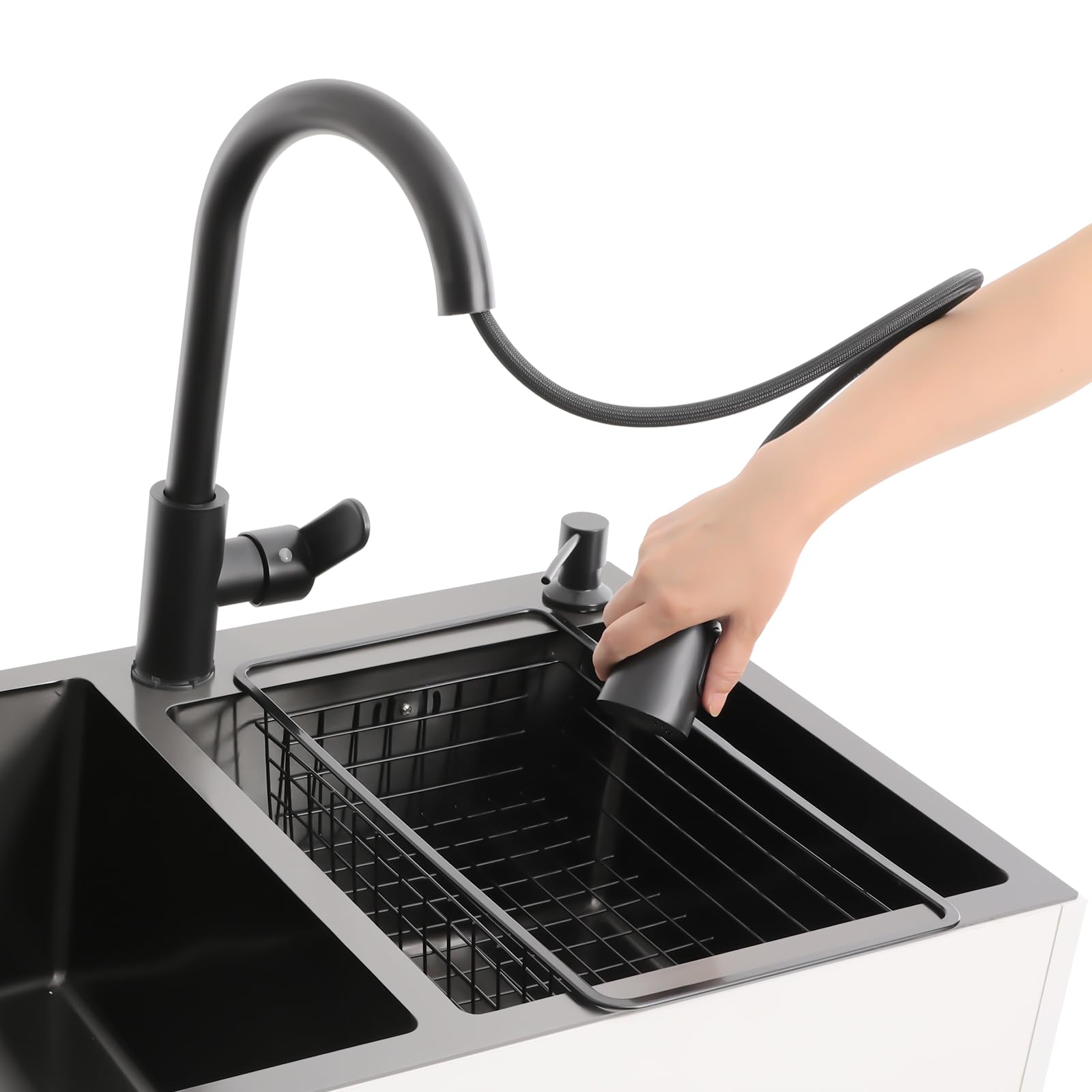 Fregadero independiente de acero inoxidable, 304 doble lavabo | Nano revestimiento con grifo extensible 360°, cesta de desagüe, fregadero de cocina, lavadero, gastronomía, lavadero