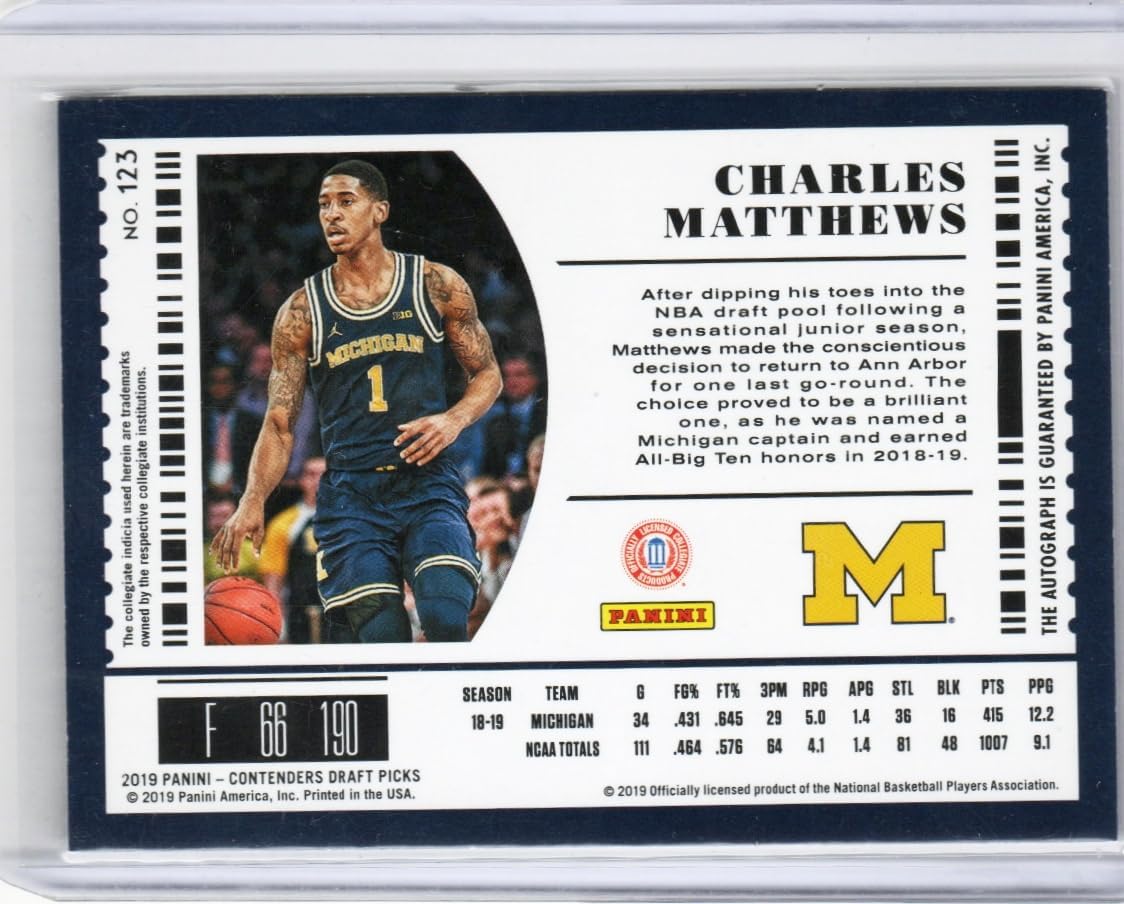 Charles Matthews Autographed Rookie Card Blue Draft Ticket Auto Basketball Card - 2019 Contenders Draft Picks Basketball Card #123 (Wolverines)