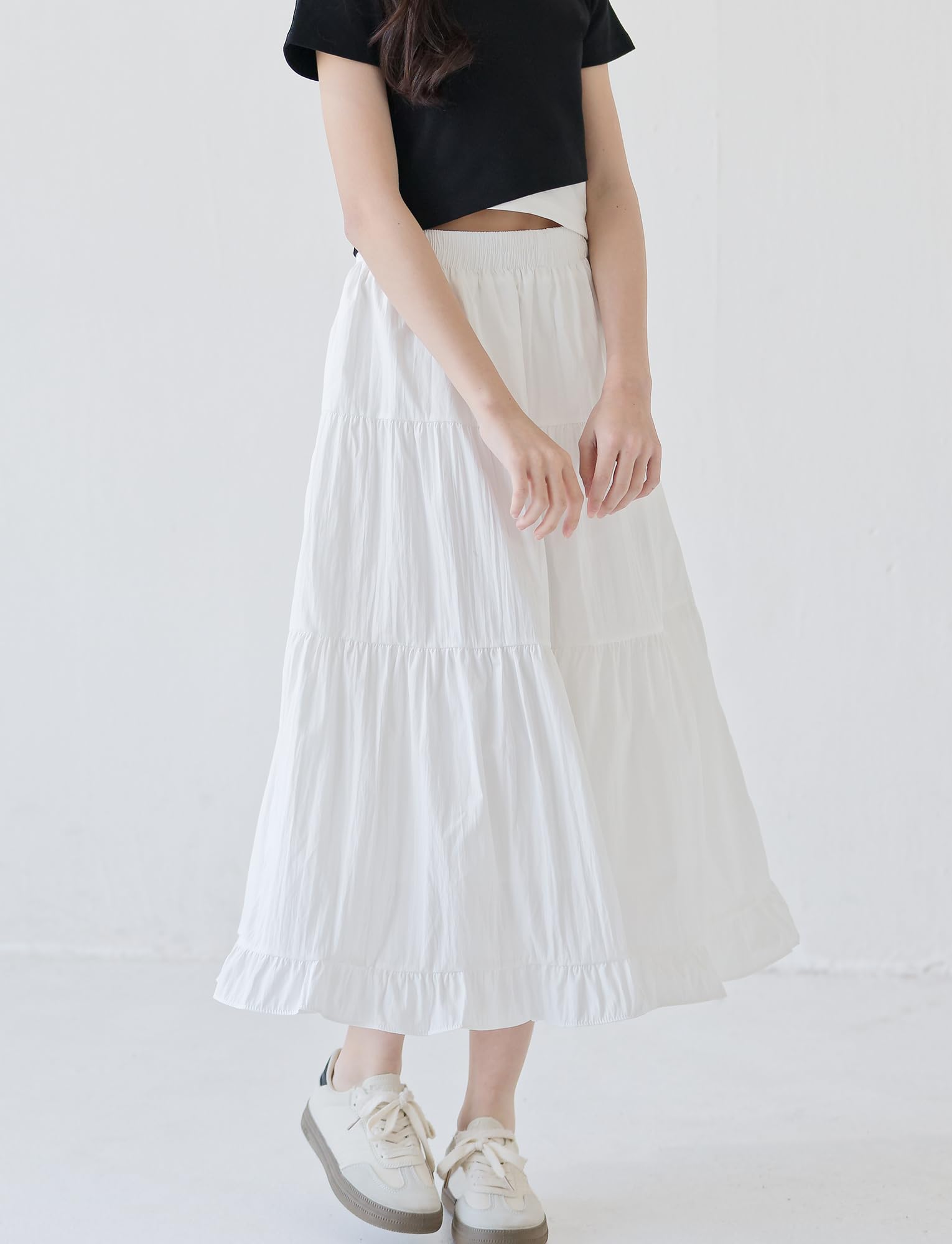 SEAUR Jupe Longue Fille Taille Élastique Élégante Maxi Jupe à Volants D'été Couleur Unie Enfant 130-165=(122-164 UE)