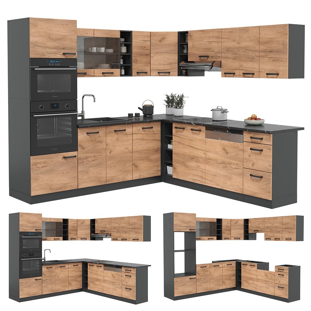 Vicco Cocina esquinera R-Line, Oro Power Roble/Antracita/Antracita, Sin encimeras