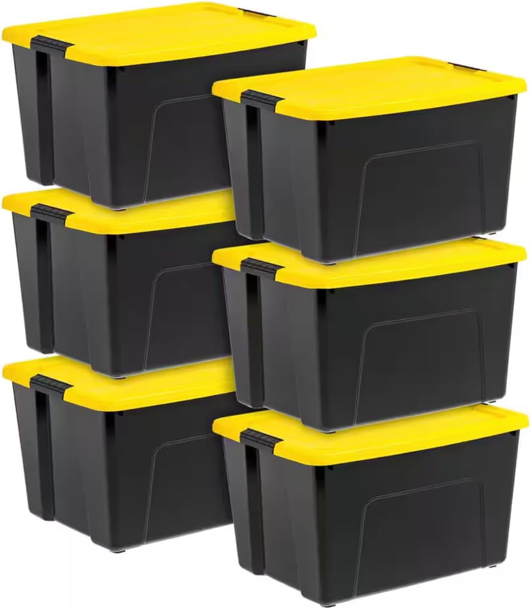 60 Quart/15 Gallon Plastic Storage Containers with Latching Lids in Black and Yellow - Pack of 6 SR49187