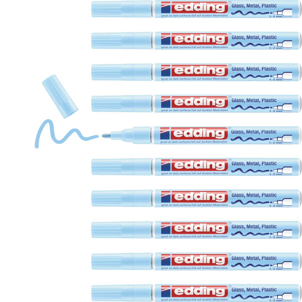 edding 751 Glanzlackmarker - pastellblau - 10 Lackmarker - Rundspitze 1-2 mm - Lackstift für Glas, Stein, Holz, Kunststoff und Papier - wasserfest, stark deckend