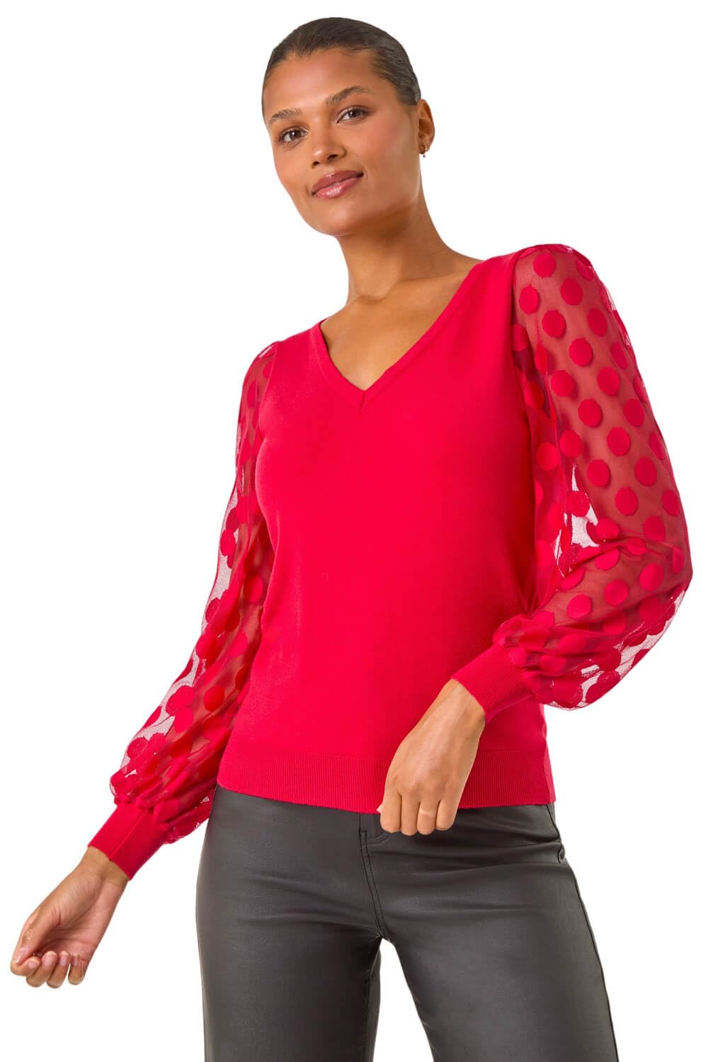 Roman Women's Red Polka Dot V-Neck Sleeve Knit Jumper In | : Size 14