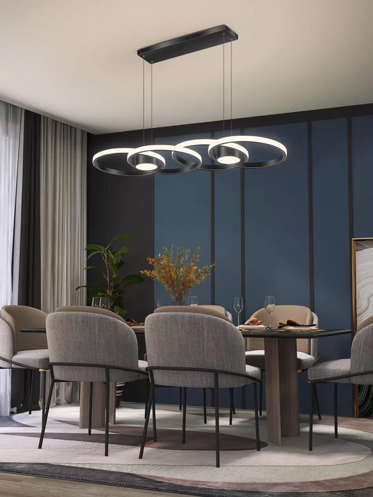 Suspension LED Plafond Moderne Lampe Suspendue En Aluminium Hauteur Réglable 80W Lustre Restaurant Luminaire Dessus De Table Avec Télécommande Gradation Convient Pour Salon Îlot De Cuisine(Blac