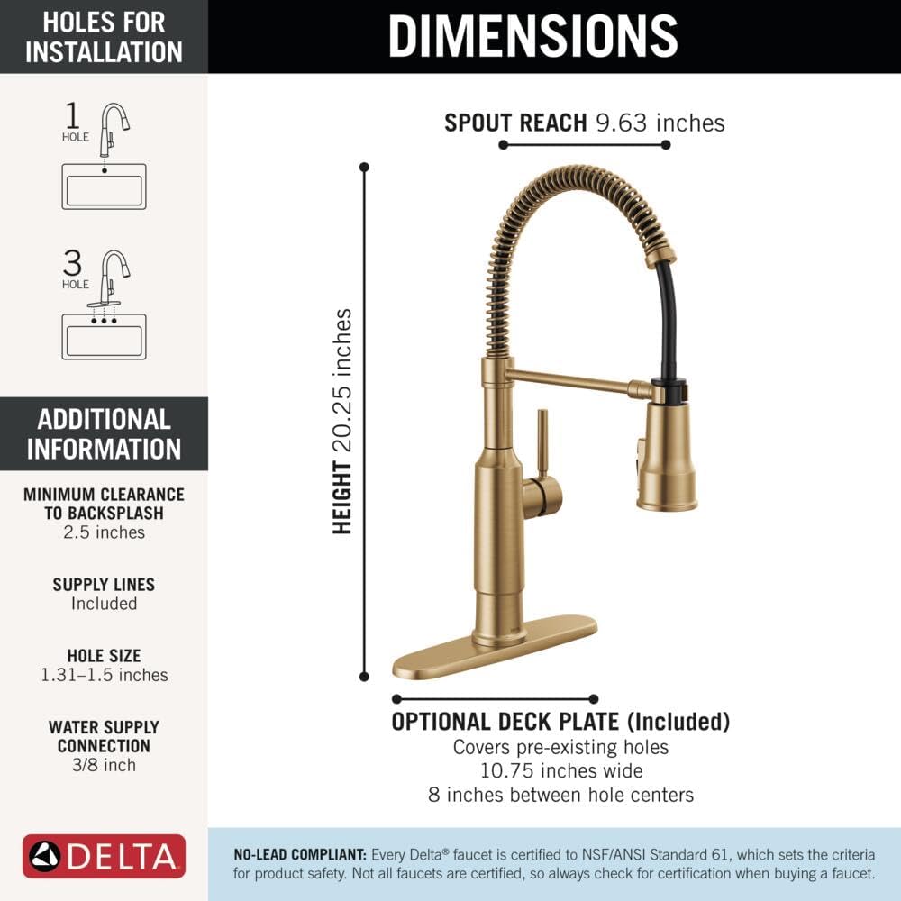 Delta Theodora Pro Style Commercial Kitchen Faucet with Pull Down Sprayer, Single Hole Brushed Gold Kitchen Sink Faucet, Single Handle, Champagne Bronze 18804Z-CZ-DST - Image 4