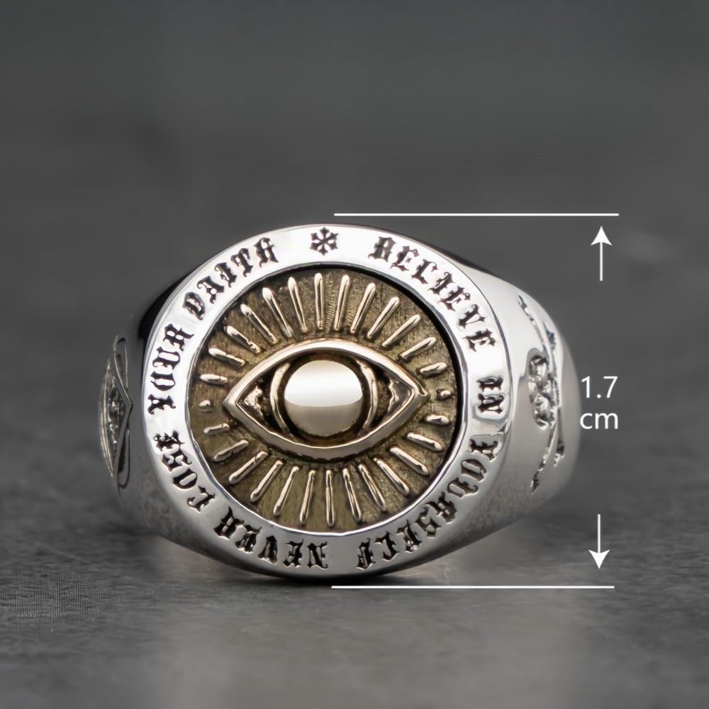 ForFox Anillo ojo de dios que todo lo ve masónico de plata de ley 925 con calavera y tibias cruzadas para hombres mujeres abierto y ajustable