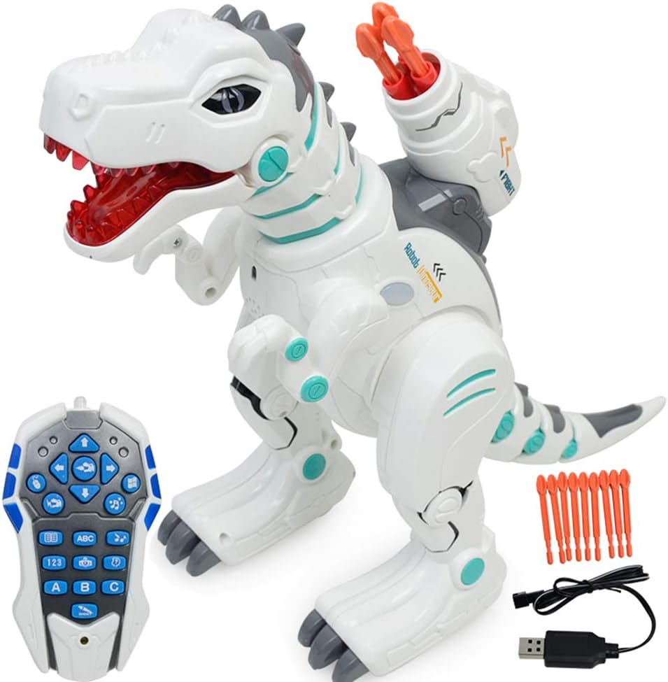 Hi-Tech Wireless Remote Control Robot Dinosaur Interactive RC Robot Toy Sings, Dances, Sprays Mist, Launches Missiles, Teaches Language and Knowledge (White)