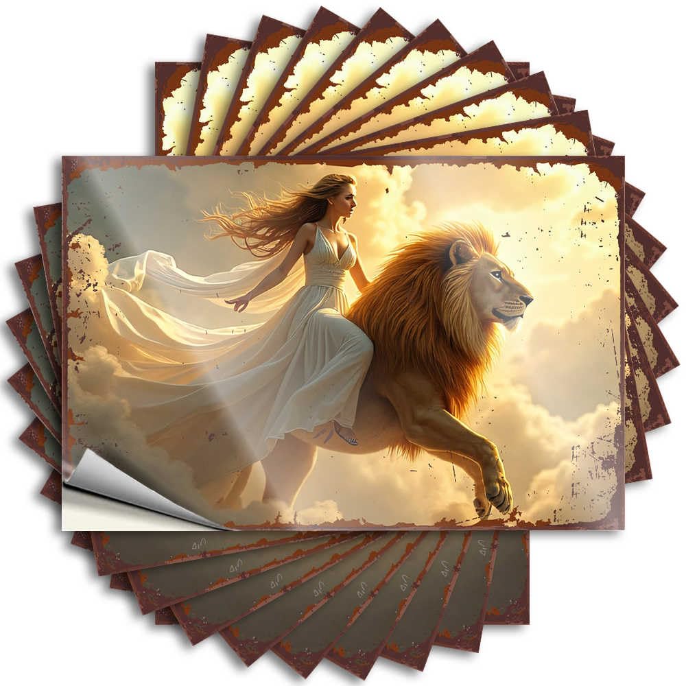 Decals Case High Golden Dreams: A Woman in White Riding A Lion Through The Clouds for Farmers - Teenage Easy Peel Removable(8X12CM)