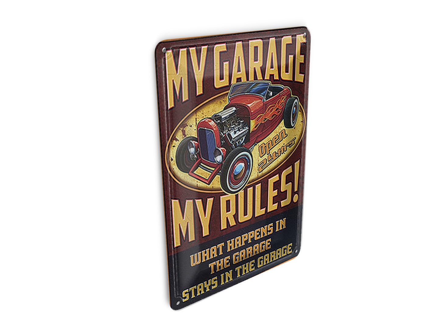 Femer Tin Postcard Saying 10 x 14 cm My Garage Open 24 hrs My Rules Decorative Sign
