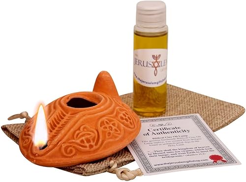 Lámpara de aceite de arcilla herodiana bíblica con aceite de oliva de Belén, auténtica réplica de Tierra Santa con bolsa de regalo y certificado de
