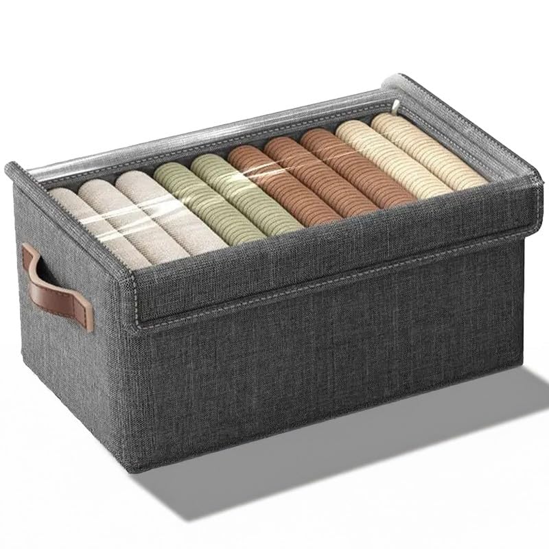 PRIME PICK Non Woven Storage Box Clothes Organizer Foldable Washable With Lid Sturdy Handles Breathable Fabric Grey Pack Of 1 Medium Size