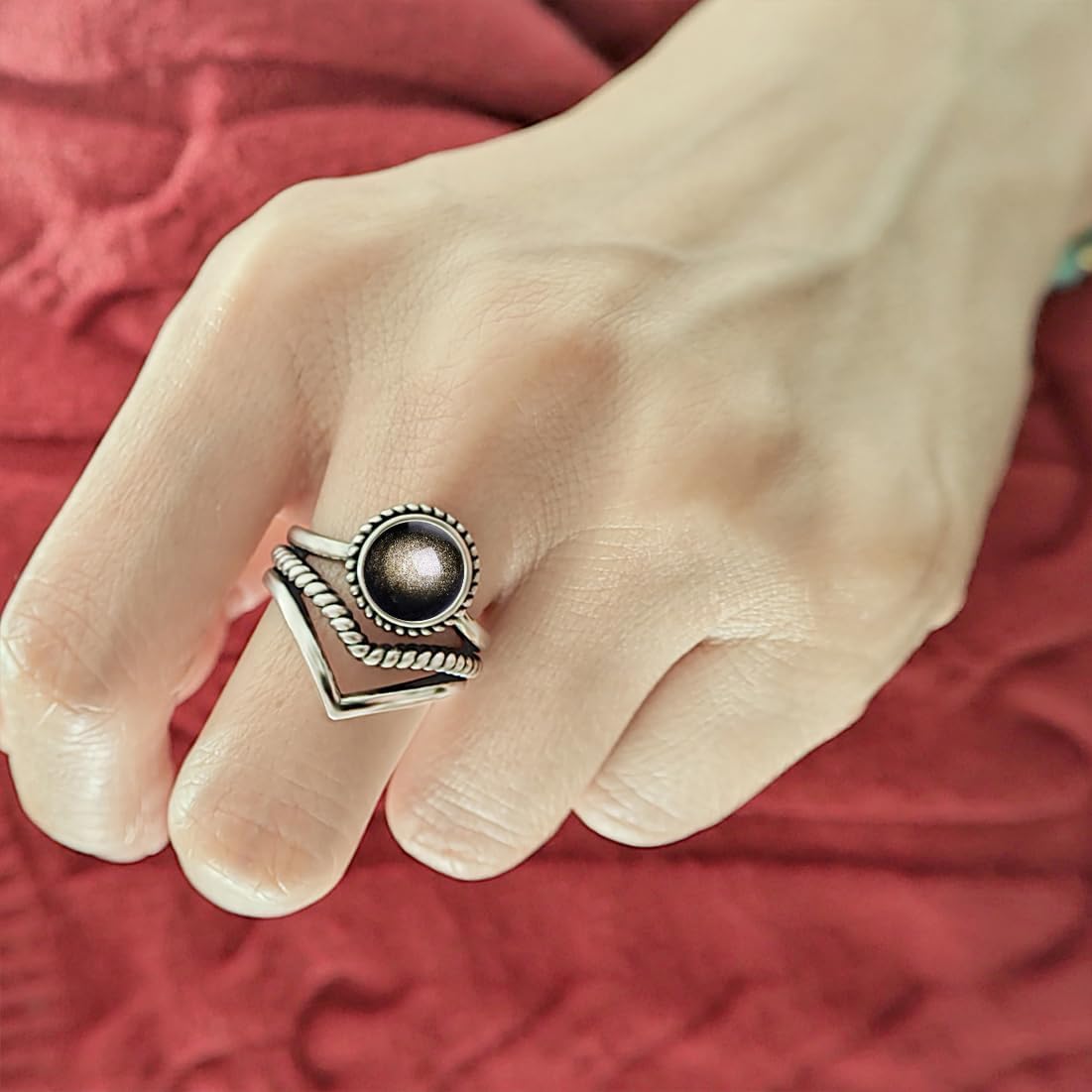 V Shape Stone Chevron Ring,Retro Sterling Silver Natural Round Stone Cystal Quartz Gemstone Three Lines Statement Wide Band Ring Jewelry for Women - Image 5