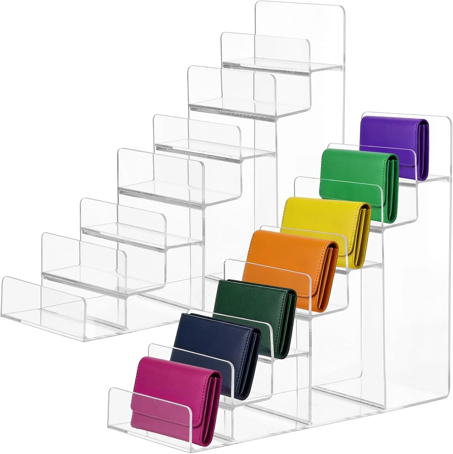 7-Tier Acrylic Wallet Display Stand (2 Pack), Clear Purse & Handbag Organizer Rack, Tiered Riser Shelf for Sunglasses, Perfume, Cosmetics, Jewelry, Retail Counter