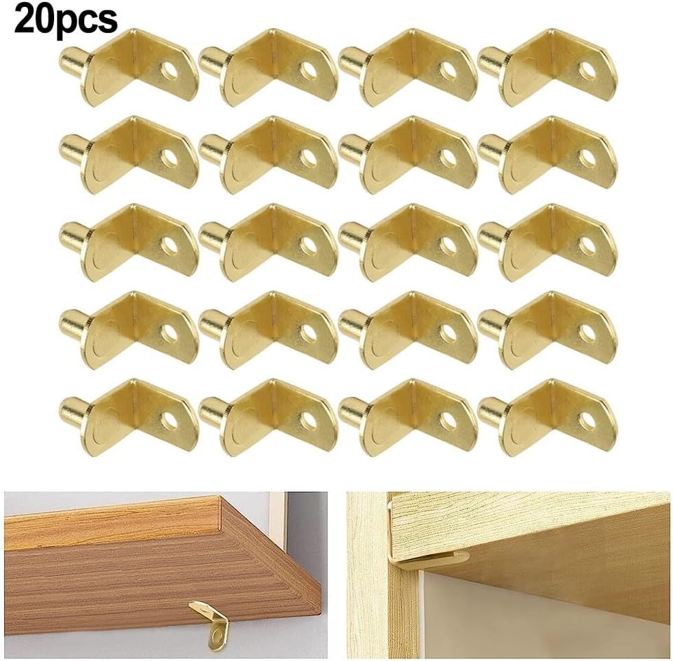 Shelf Support Pegs Cabinets & Bookcases – 19 x 16 x 12.8 cm Iron Stud Pins with Gold Finish, 20-Piece Set, Heavy-Duty Furniture Shelf Separators