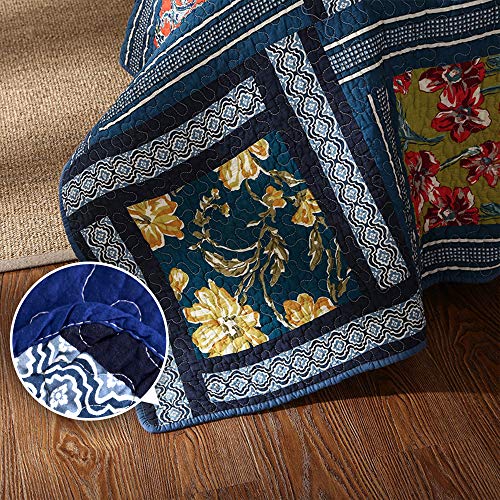 Decmay 2 Piece Boho Real Patchwork 100% Cotton Bedspread Twin Deep Blue Vintage Plaid Floral Daybed Bedding Light Weight Reversible Quilt Luxury Matelasse Bed Coverlet Set With 1 Pillow Sham #TOP3