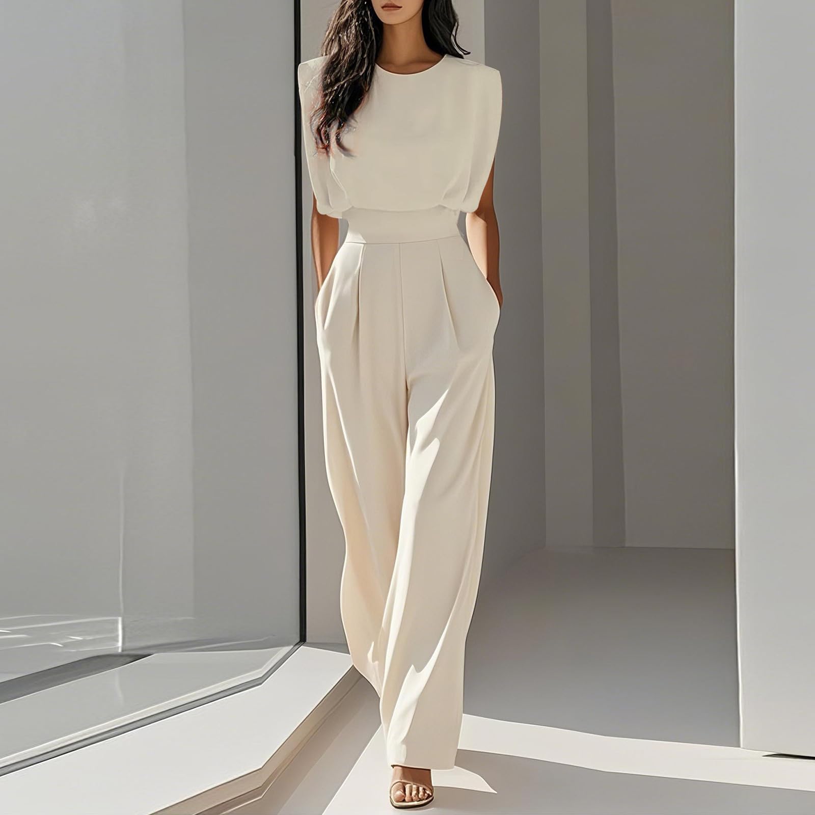 FUPODD Jumpsuit Damen Elegant Business Overall Damen Festlich Hochzeit Ärmellos Jumpsuits Sommer Lang Tailliert Hosenanzug Hochzeitsgast Einteiler Weites Bein Romper Mit Tasche Playsuit Arbeit Büro