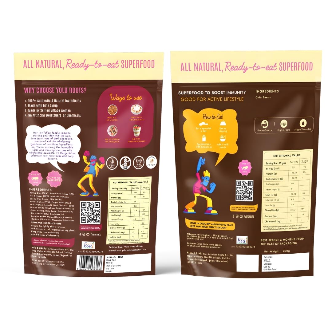 Yolo Roots Choco Crunchy Muesli 400g & Raw Chia Seeds 200g Combo, No Added Sugar, High Fiber Breakfast Cereal & Superfood Seeds, Omega-3 Rich, Healthy Snack with Oats, Nuts & Seeds, Energy Food (Pack of 2)