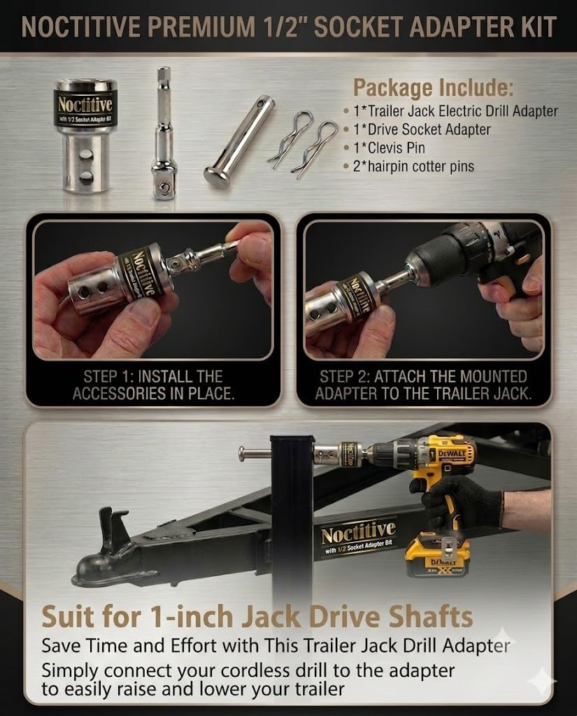 Trailer Jack Drill Adapter, Upgraded Stainless Steel 1 Inch Drive Shaft, 2-in-1 for Electric Drill & Ratchet, 1/2 Inch Socket Bit, Heavy Duty EZ Crank Tool for RV, Campers, Dump Trailers
