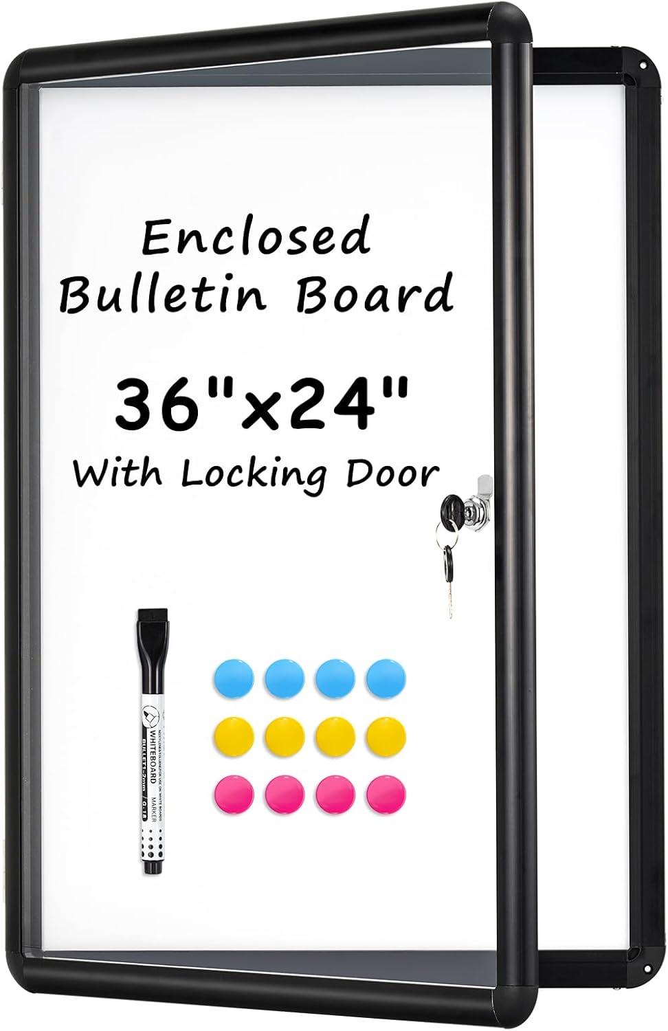 Enclosed Bulletin Board, 36"x24" Enclosed Bulletin Board with Locking Door Outdoor Weatherproof Enclosed White Board, Silver Aluminium Frame Enclosed Whiteboard for School, Office, Venue, Hospital