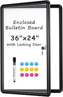 Enclosed Bulletin Board, 36"x24" Enclosed Bulletin Board with Locking Door Outdoor Weatherproof Enclosed White Board, Black Aluminium Frame Enclosed Whiteboard for School, Office, Venue, Hospital