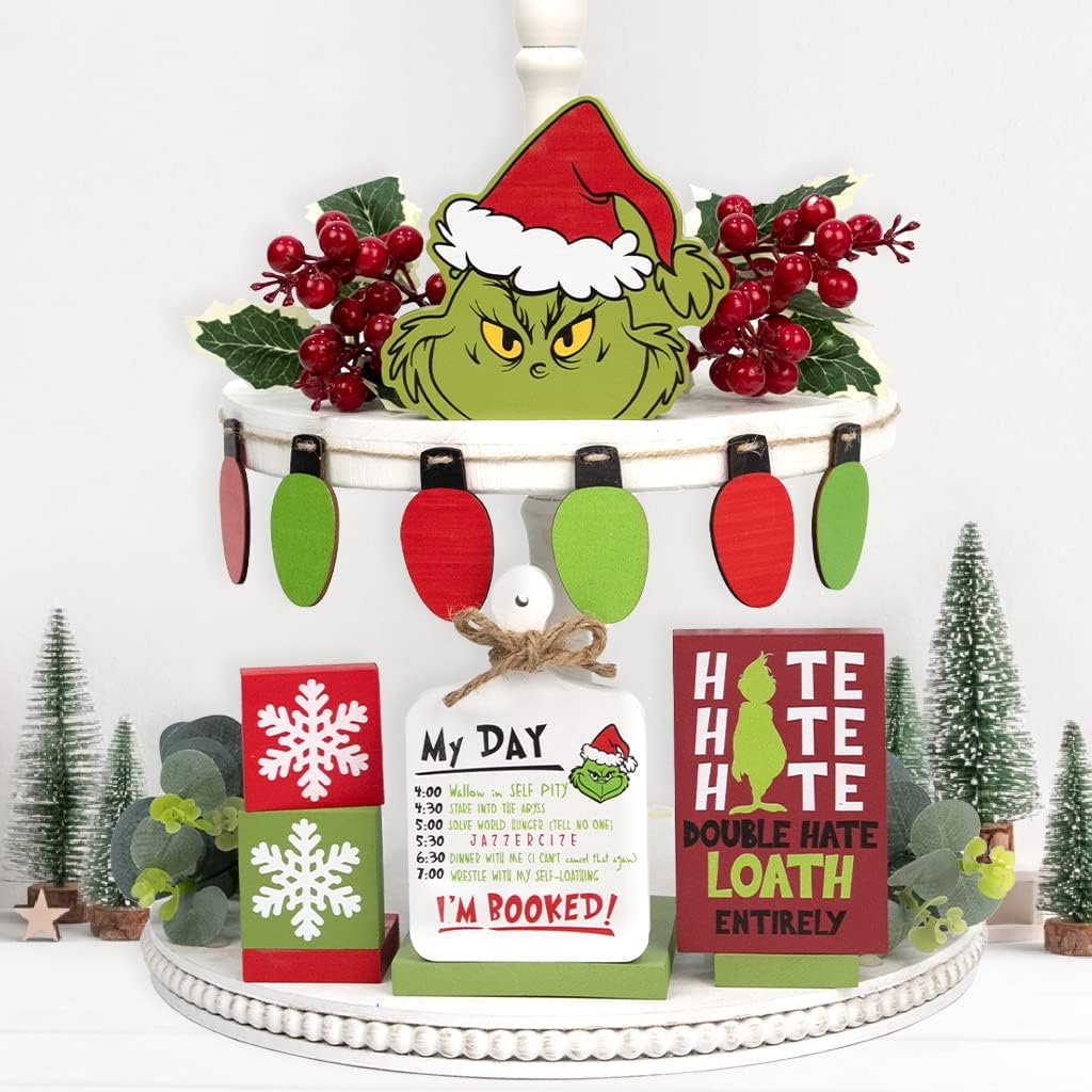 DAZONGE Christmas Decorations - 6PCS Christmas Tiered Tray Decor - Grin Face, Hate, Schedule Cutting Board, Christmas Lights Garland, Christmas Tree Signs for Xmas Decor